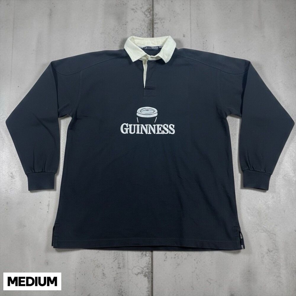 Vintage Guinness Rugby Shirt Men's MEDIUM Black White Embroidered Beer Ireland